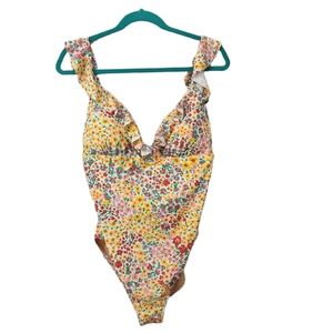 J. Crew Yellow Floral Ruffle One-Piece Swimsuit